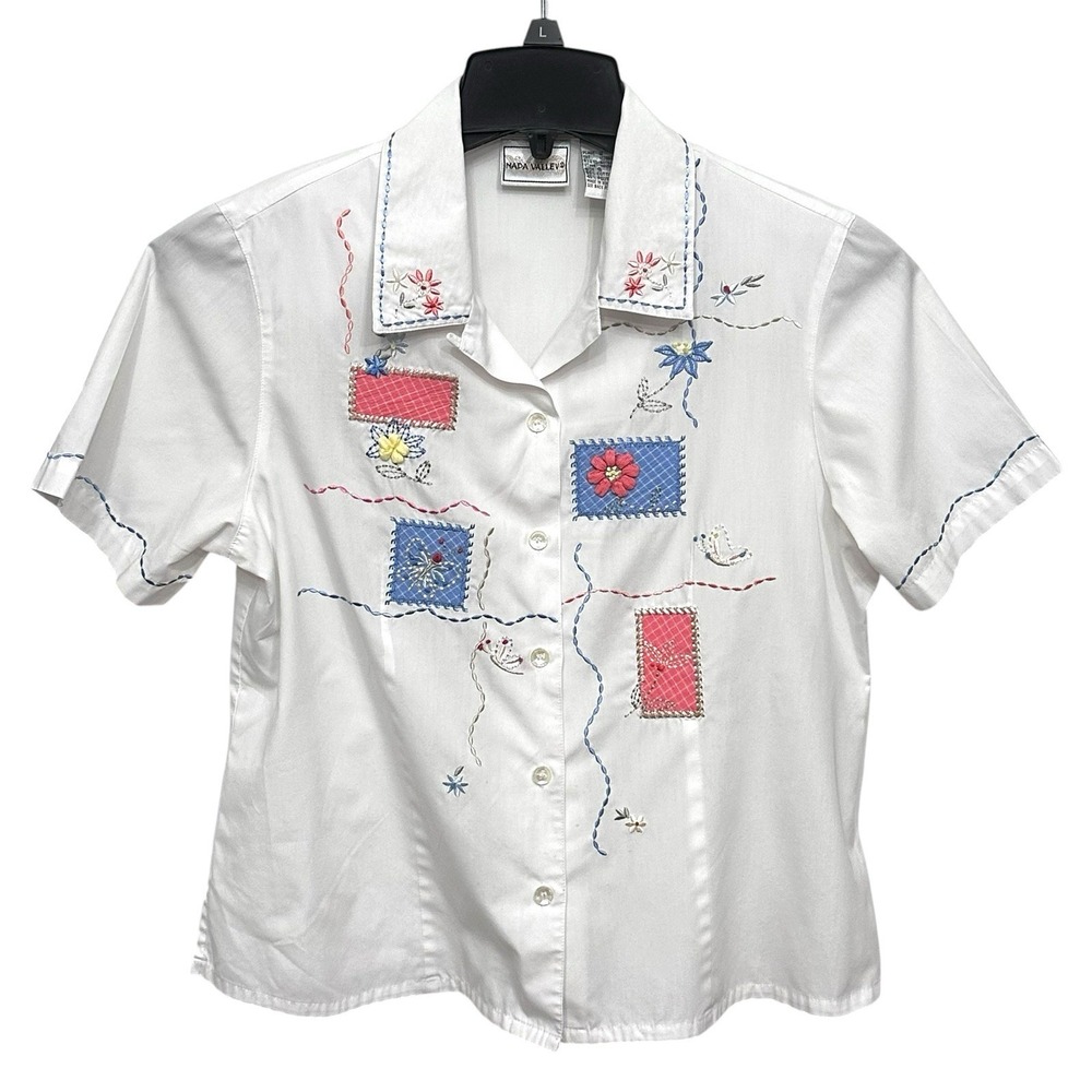 Napa Valley Shirt Womens Size Small Embroidered Floral Patches Cottagecore VTG